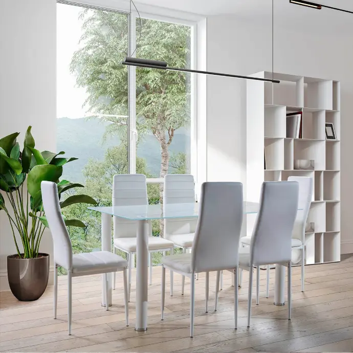 Mesa de Cristal Templado 140x80cm + 6 Sillas Polipiel DT34
