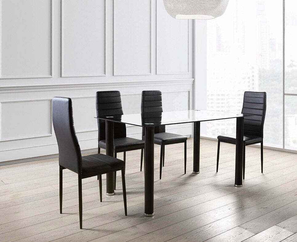 Mesa de Cristal Templado 110x70cm + 4 Sillas Polipiel DT18