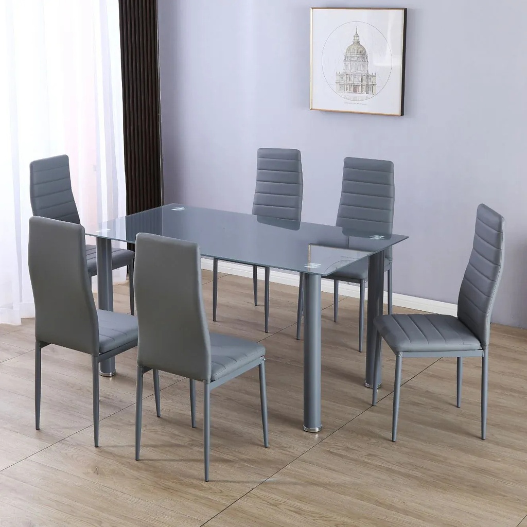 Mesa de Cristal Templado 140x80cm + 6 Sillas Polipiel DT34