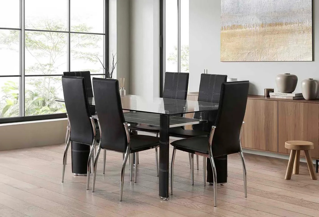 Mesa de Cristal Templado + 6 Sillas en Polipiel/Metal DT-17