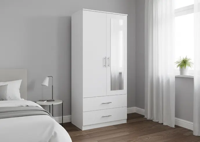 [W-04] Armario de Dormitorio 2 Puertas 2 Cajones W, con Espejo 