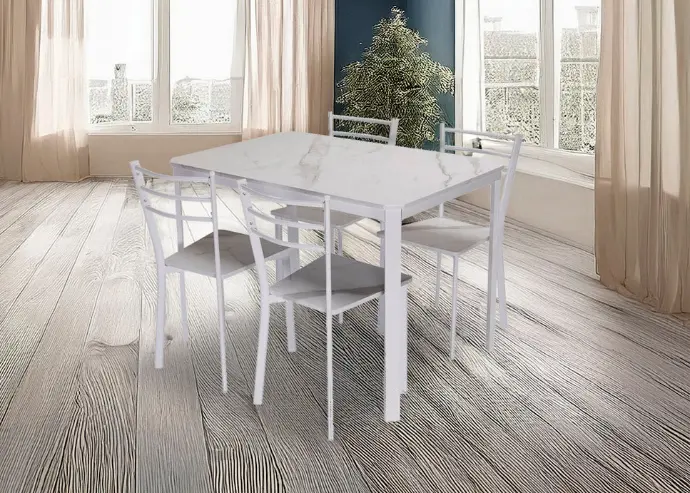 Conjunto de Mesa y 4 Sillas, Efecto Mármol Blanco y Metal. YS2560
